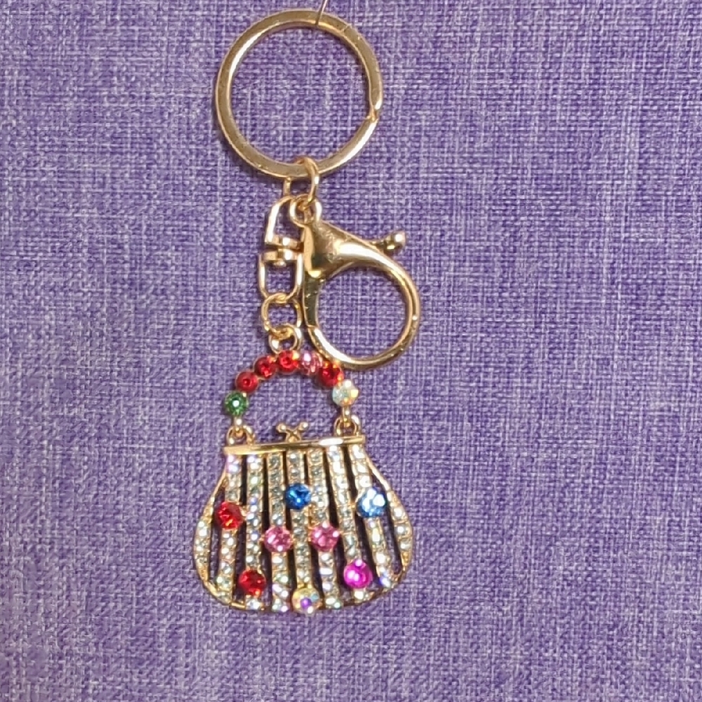 Gold Purse and Multicolor Rhinestone Keychain Bag Charm